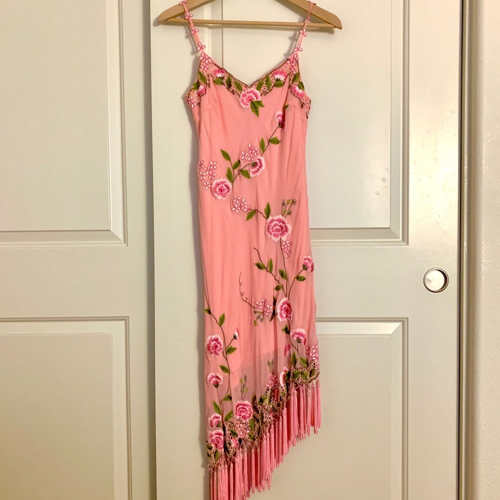 Sue Wong Pink Vintage Embroidered Fringe Dress